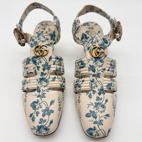 Gucci Gea GG Mid Heel Buds/Floral Blue Leather T-Strap Sandal Pump EU37.5 US7.5 - Picture 3 of 13